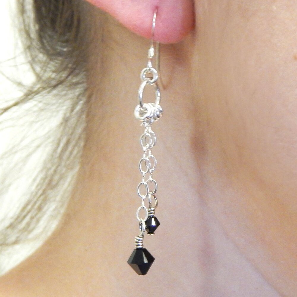BLACK SWAROVSKI CRYSTAL DANGLE EARRINGS - Handmade in "USA"